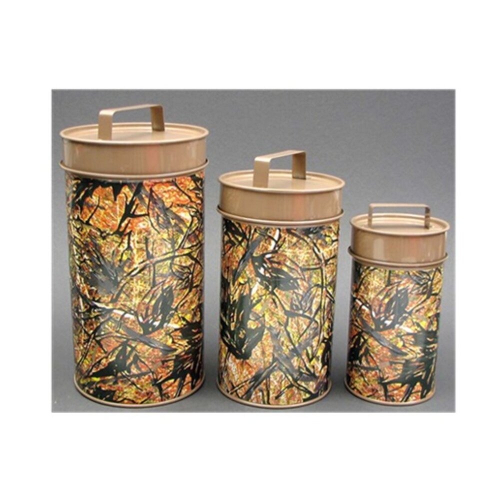 Metal Camouflage three Cannister Set Large 11" Medium 9" Small 7 1/2" tall 23025